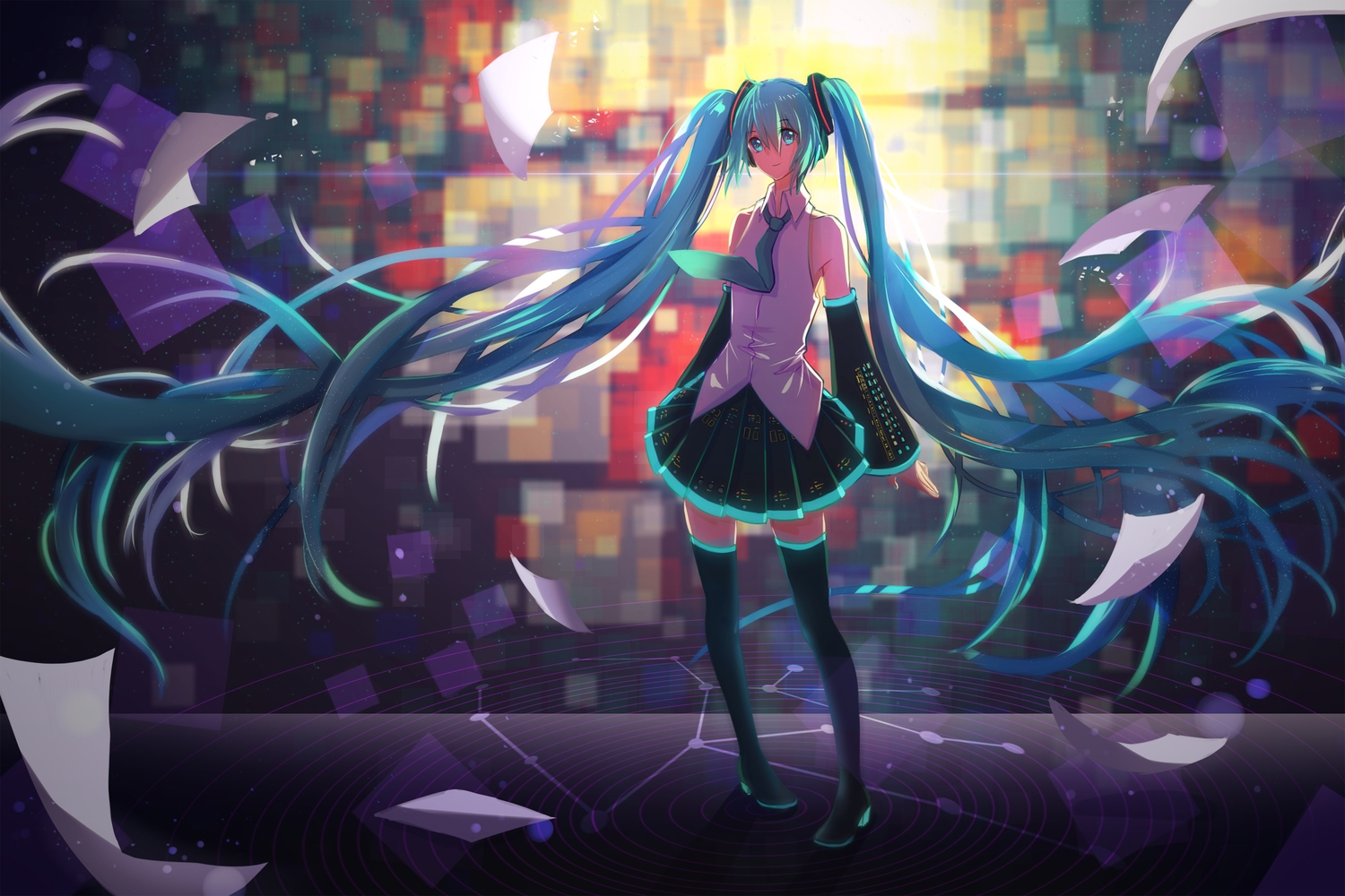 aqua_eyes, aqua_hair, hatsune_miku, huhv., long_hair, paper, thighhighs, tie, twintails, vocaloid, zettai_ryouiki