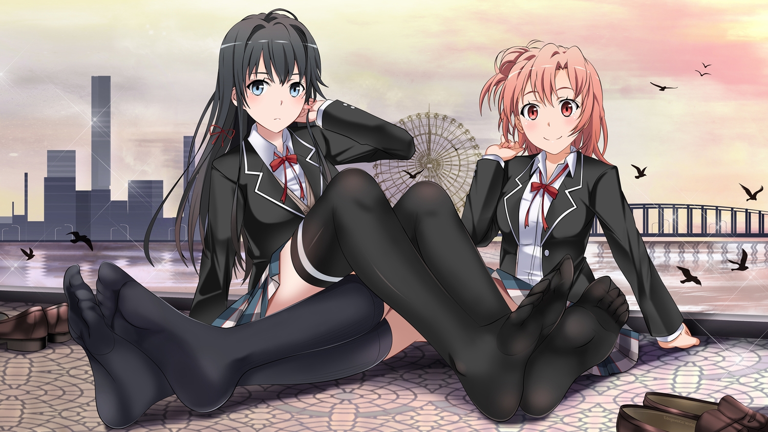 black_hair, blue_eyes, brown_hair, edogawakid, long_hair, red_eyes, school_uniform, short_hair