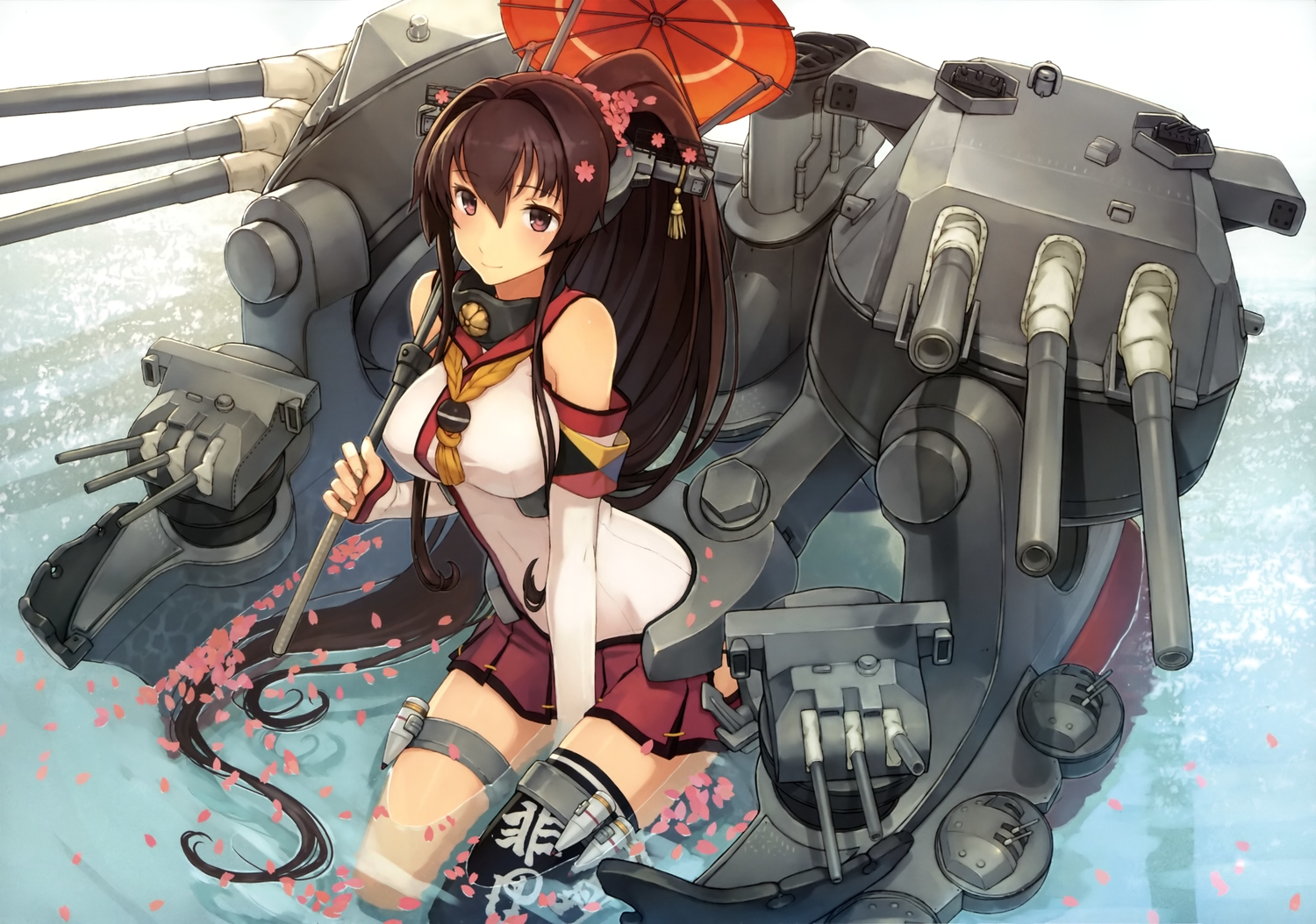 anthropomorphism, brown_eyes, brown_hair, elbow_gloves, gloves, kantai_collection, long_hair, petals