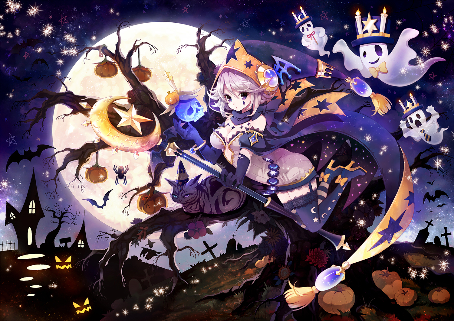 animal, breasts, cape, cat, cleavage, elbow_gloves, garter_belt, gloves, gray_hair, halloween, night, original, purple_eyes, rednian, short_hair, staff, thighhighs, tree, witch, zettai_ryouiki