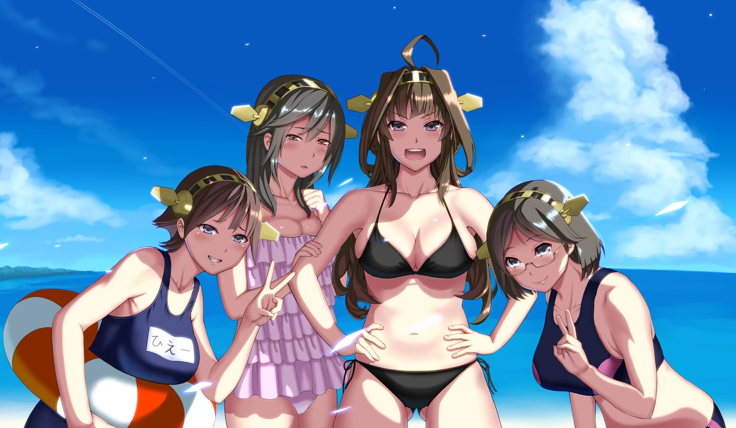 anthropomorphism, beach, bikini, black_hair, blush, breasts, brown_eyes, brown_hair, cleavage, glasses, gray_eyes, group, haruna_(kancolle), hiei_(kancolle), kantai_collection, kirishima_(kancolle), kongou_(kancolle), long_hair, misumi_(niku-kyu), school_swimsuit, short_hair, swim_ring, swimsuit