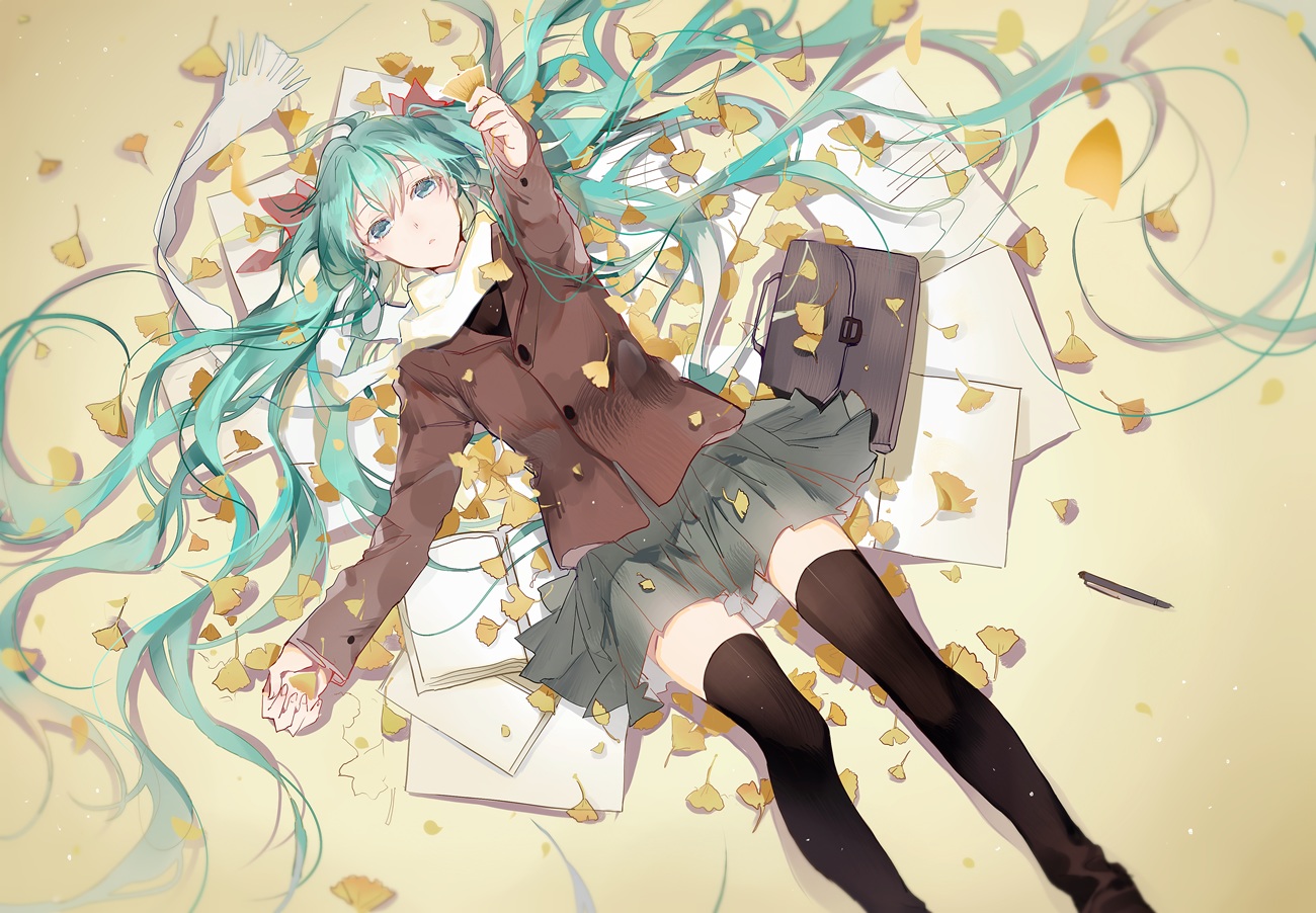 aqua_eyes, aqua_hair, autumn, hatsune_miku, leaves, long_hair, paper, pudding_(8008208820)