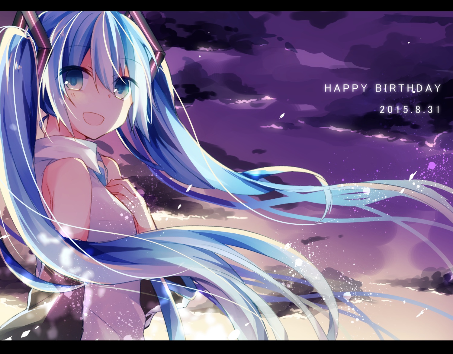 aqua_eyes, aqua_hair, clouds, hatsune_miku, long_hair, sunset, tie, twintails, vocaloid, yuruno