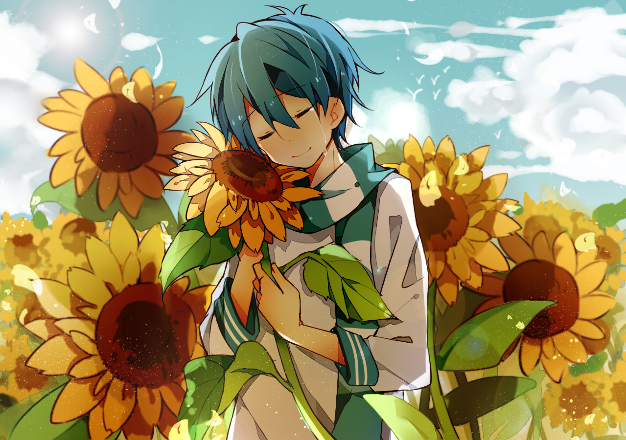 all_male, blue_hair, flowers, fuuko_(2679566944), kaito, male, scarf, sunflower, tears, vocaloid