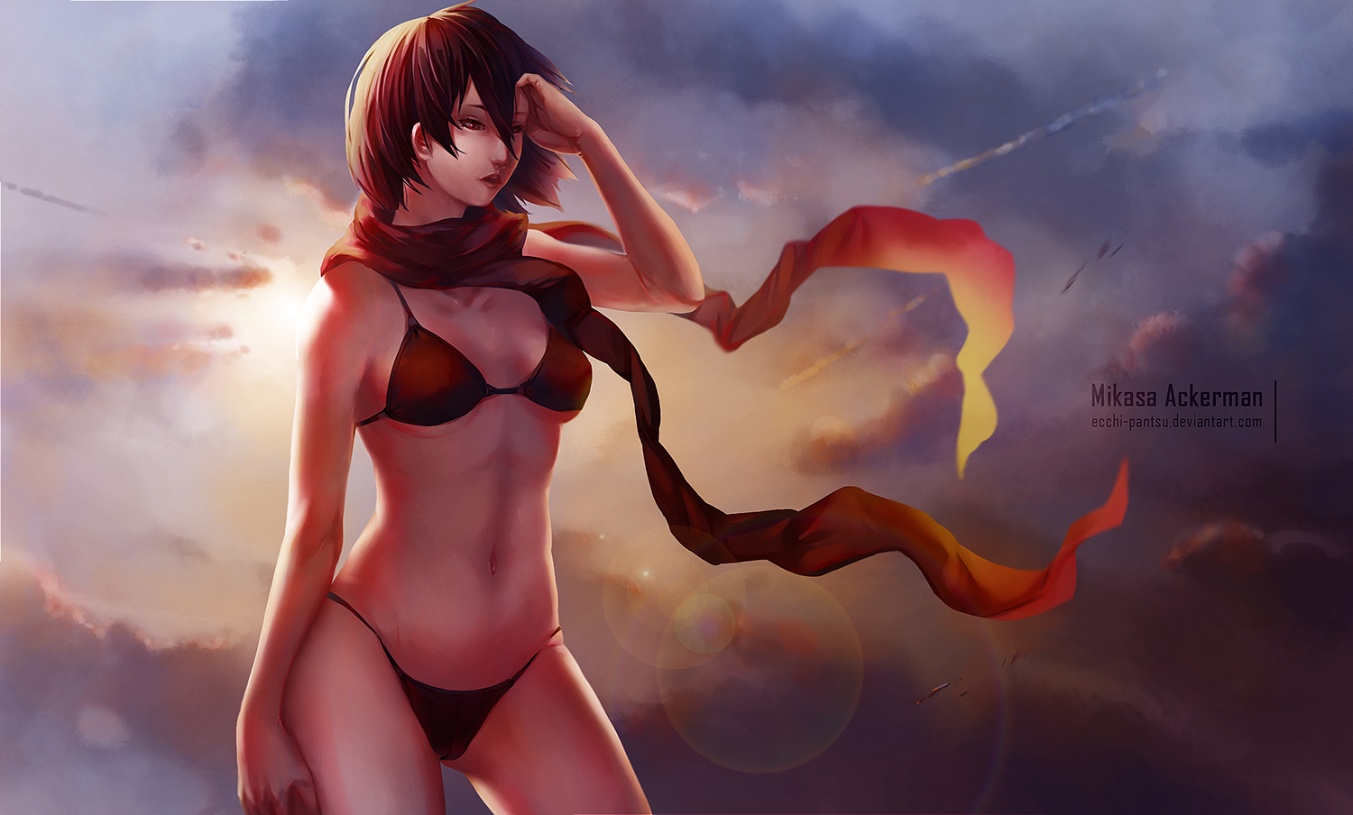 bikini, clouds, ecchi_pantsu, mikasa_ackerman, navel, rainbow, scarf, shingeki_no_kyojin, short_hair, sky, swimsuit, watermark