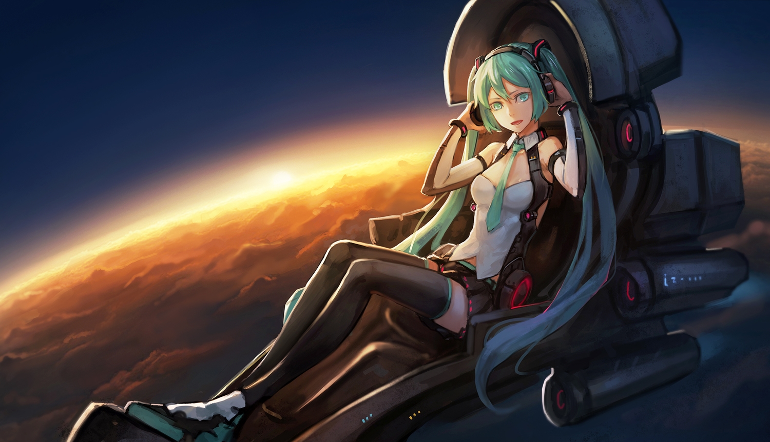 aircraft, bryanth, clouds, hatsune_miku, headphones, long_hair, skirt, sky, sunset, thighhighs, tie, twintails, vocaloid
