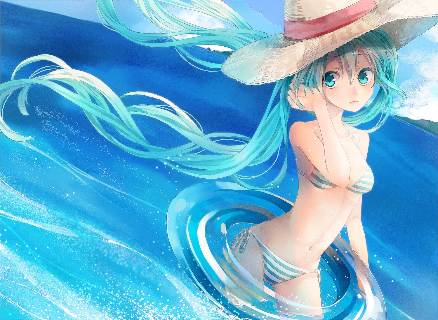 aqua_eyes, aqua_hair, bikini, hat, hatsune_miku, long_hair, navel, q-chiang, swim_ring, swimsuit, twintails, vocaloid, water