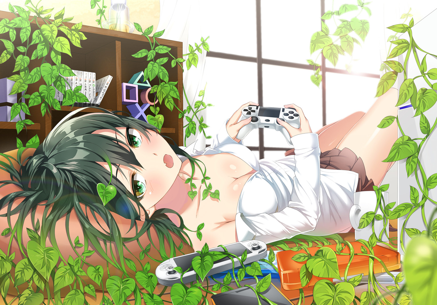 book, breasts, cleavage, drink, fang, game_console, green_eyes, green_hair, heirou, leaves, long_hair, no_bra, original, skirt