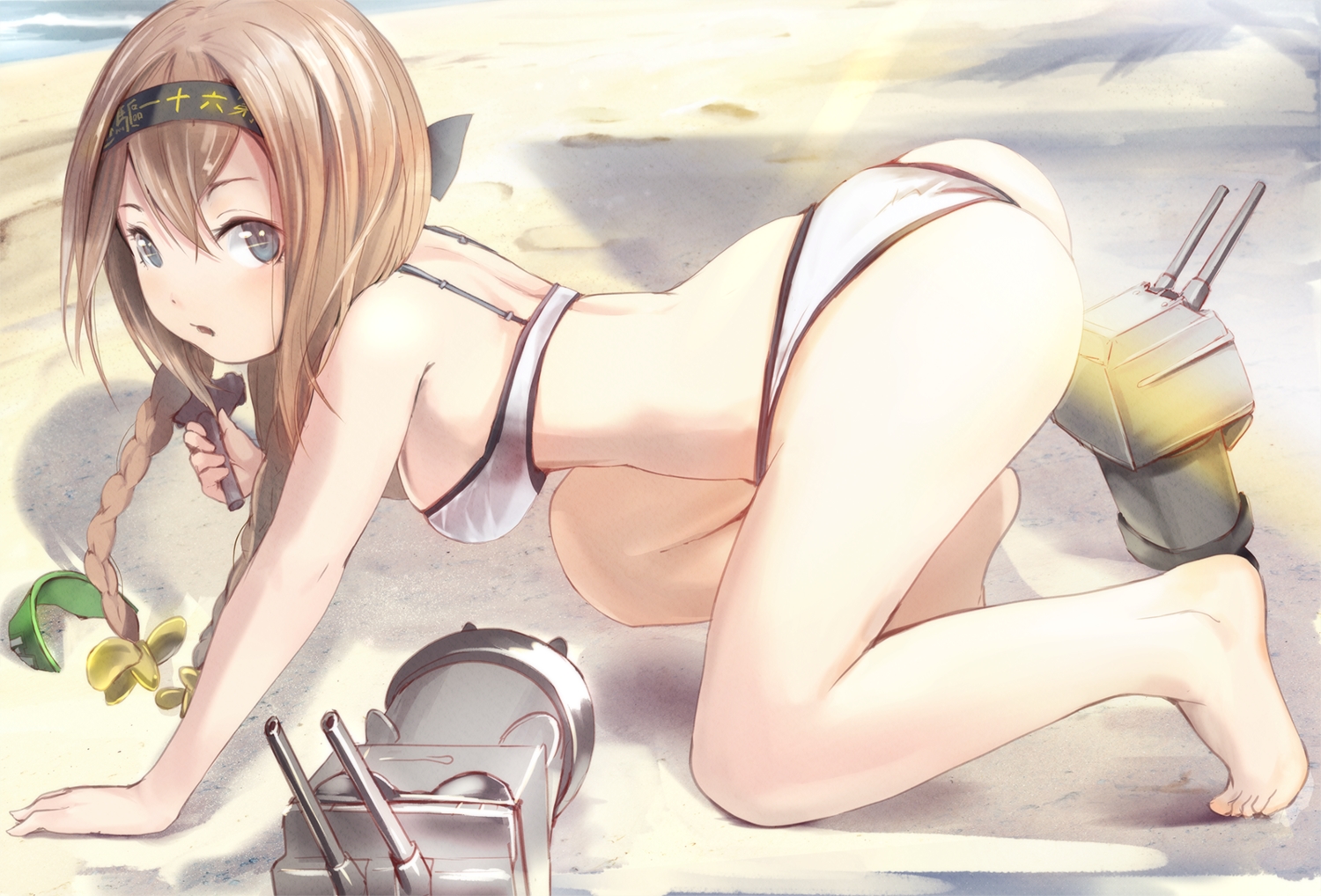anthropomorphism, aqua_sau, ass, barefoot, beach, bikini, braids, headband, kantai_collection, rensouhou-chan, swimsuit, teruzuki_(kancolle)