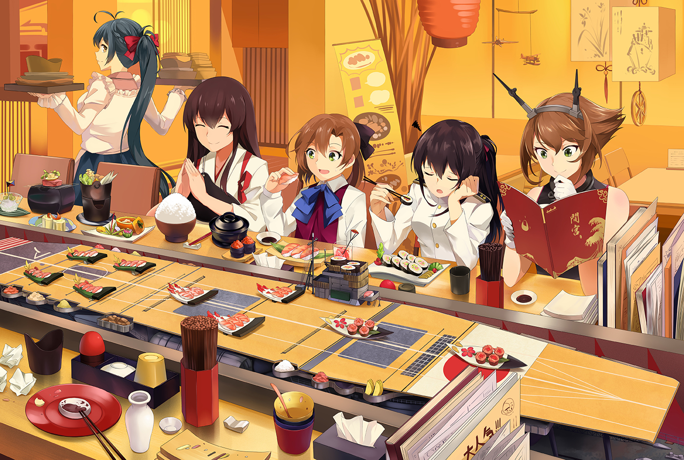 admiral_(kancolle), akagi_(kancolle), akigumo_(kancolle), anthropomorphism, book, food, gloves, group, irako_(kancolle), japanese_clothes, kantai_collection, long_hair, mutsu_(kancolle), neko_(yanshoujie), ponytail, short_hair, uniform