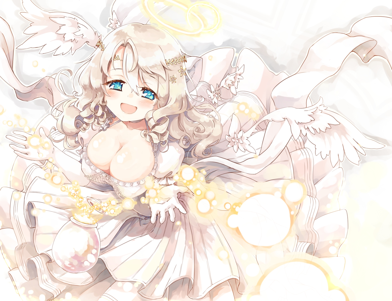 angel, aqua_eyes, breasts, cleavage, dress, elbow_gloves, gloves, halo, naka_akira, original, wings