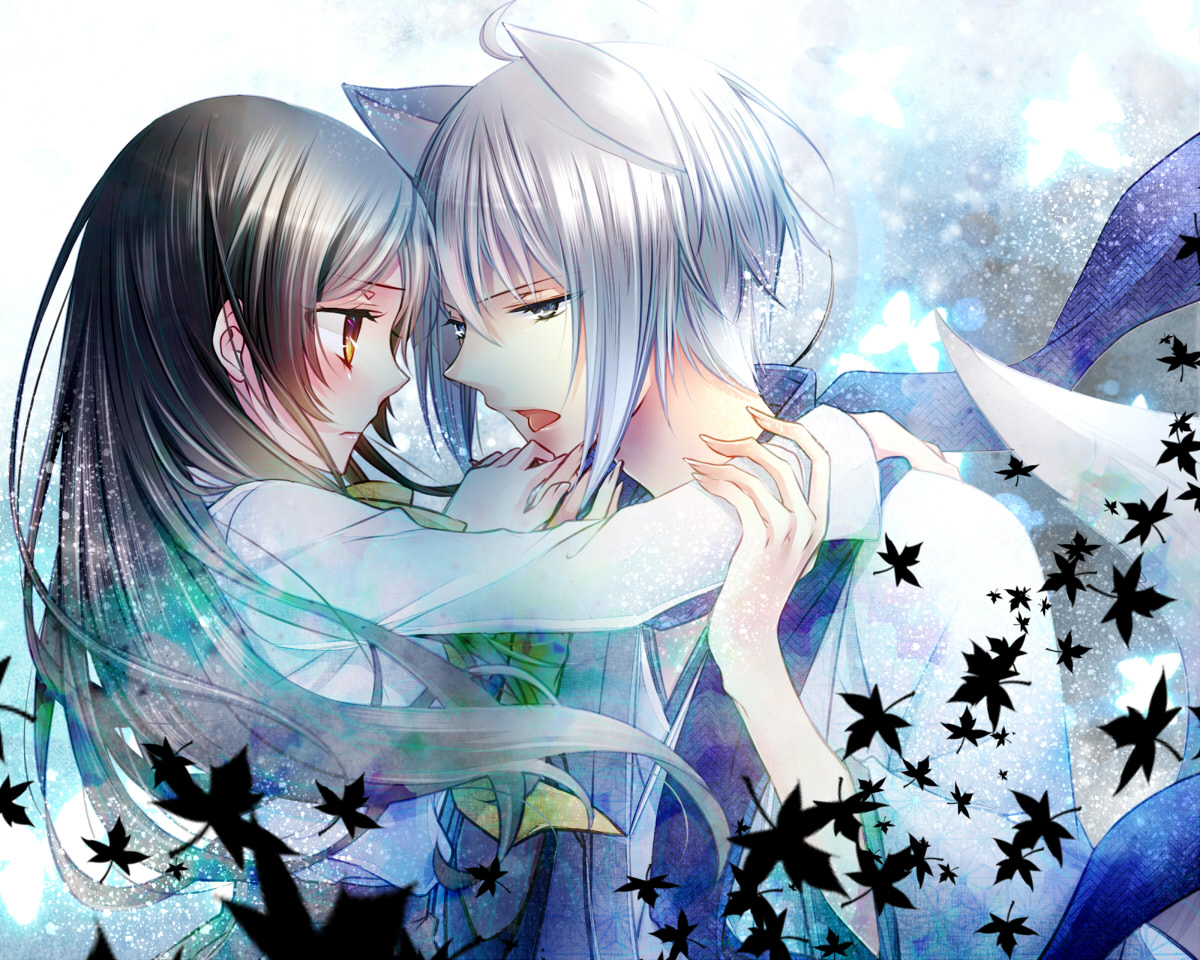 animal_ears, blue_eyes, brown_hair, kamisama_hajimemashita, male, momozono_nanami, orange_eyes, tomoe_(kamisama_hajimemashita), white_hair, yamika
