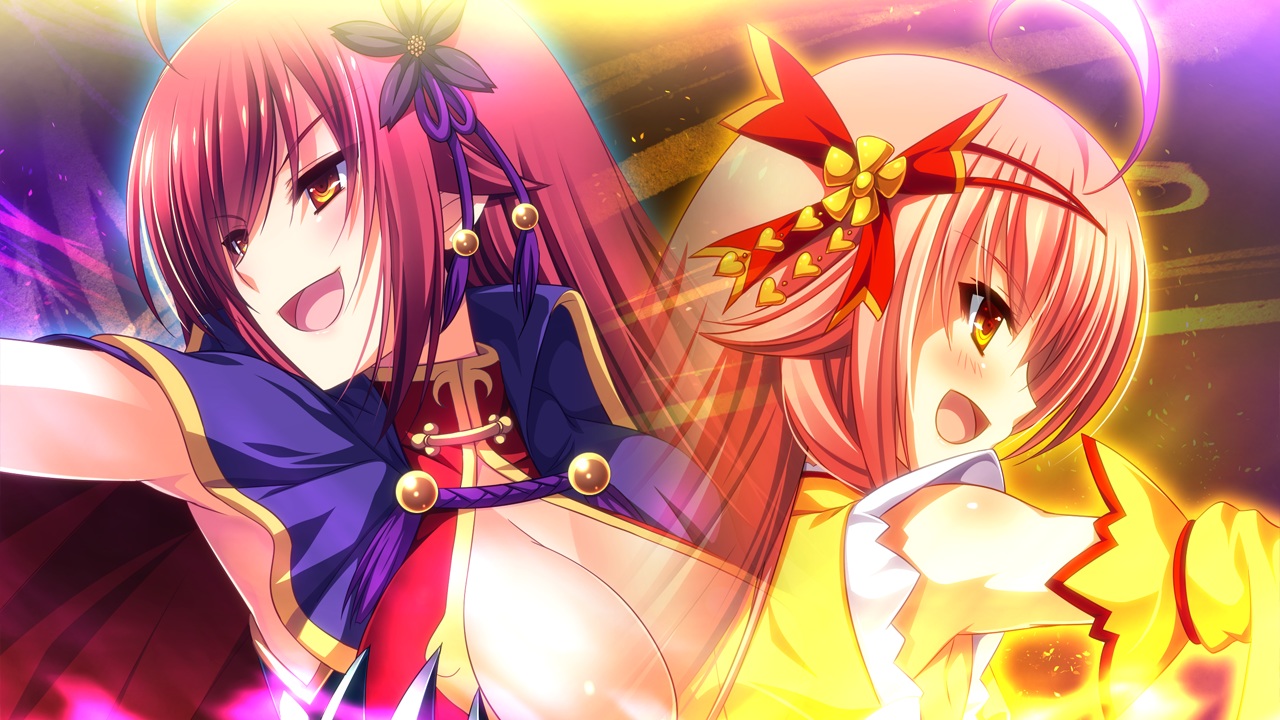 2girls, breasts, cleavage, game_cg, orange_eyes, red_hair, sengoku_hime_5, tagme