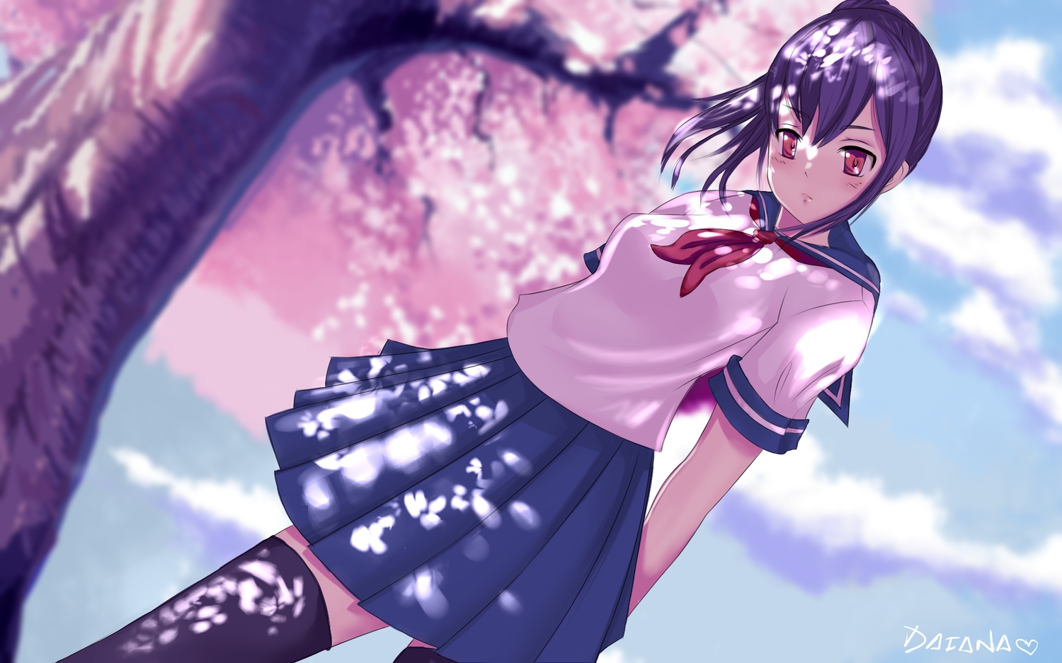 ayano_aishi, black_hair, cherry_blossoms, clouds, flowers, lnan0, red_eyes, school_uniform