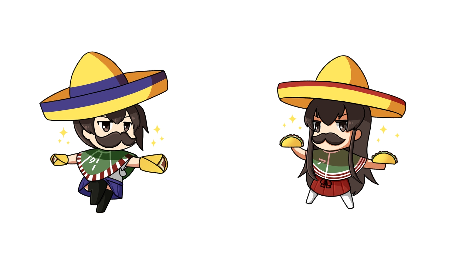 akagi_(kancolle), anthropomorphism, brown_eyes, brown_hair, food, hat, kaga_(kancolle), kantai_collection, long_hair, rukotaro, short_hair, thighhighs, white