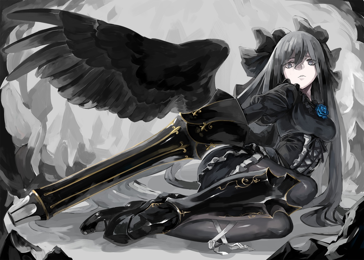 armor, azuki-taste, corset, flowers, goth-loli, gray, lolita_fashion, long_hair, polychromatic, reiuji_utsuho, rose, touhou, weapon, wings