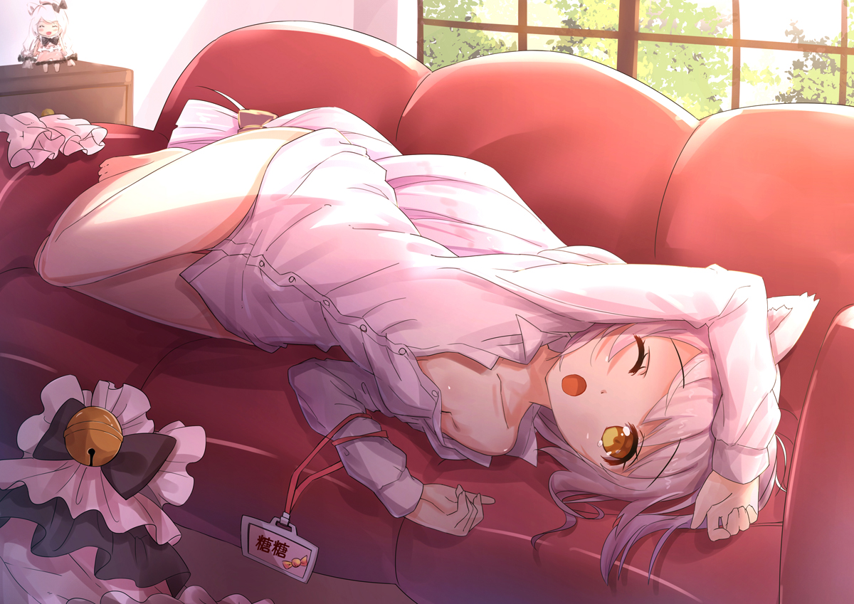 animal_ears, barefoot, bell, byakuya_reki, catgirl, couch, gray_hair, long_hair, naked_shirt, original, shirt, wink, yellow_eyes