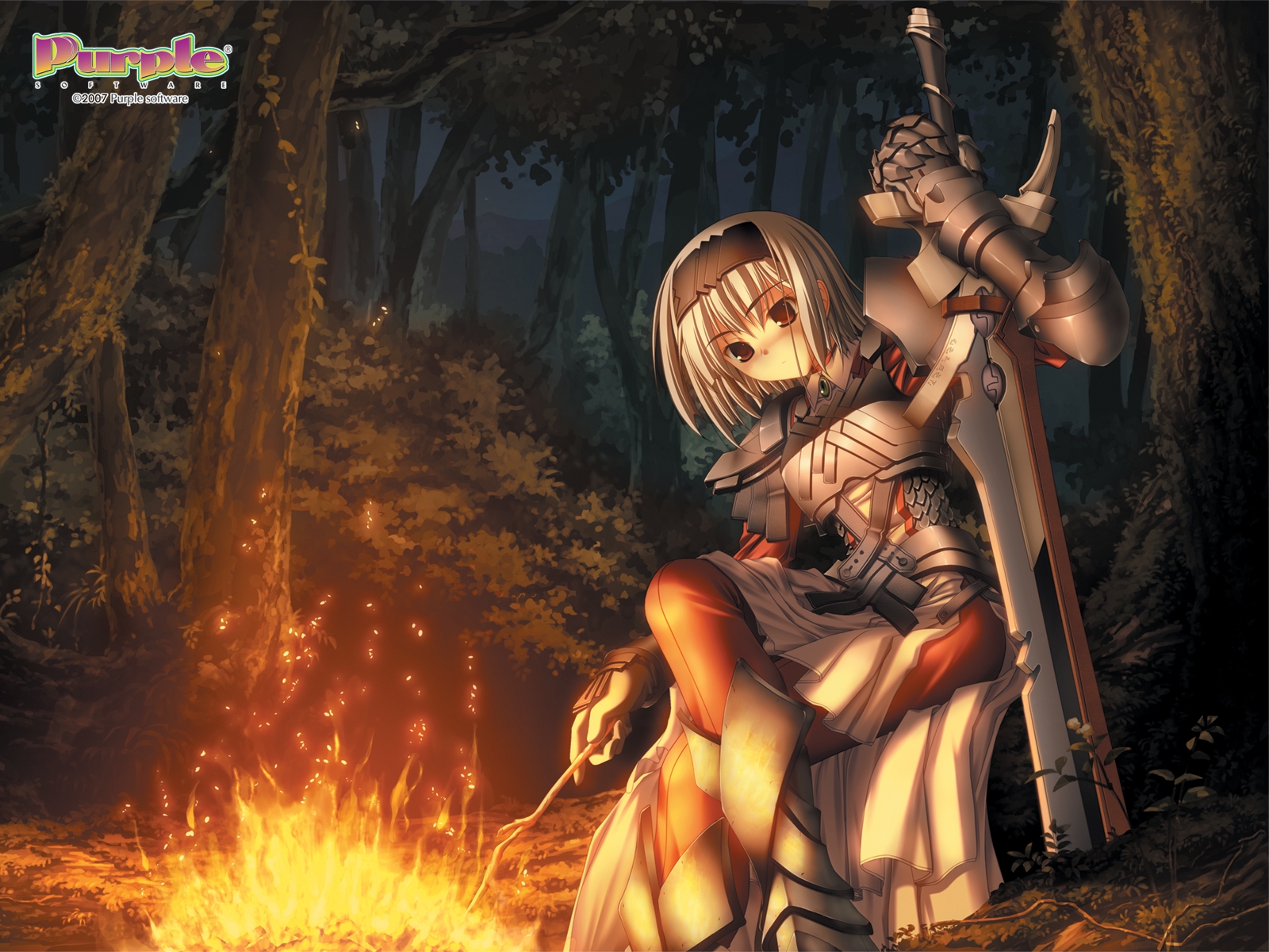 armor, fire, gray_hair, primitive_link, purple_software, short_hair, sione, sword, tsukimori_hiro, weapon