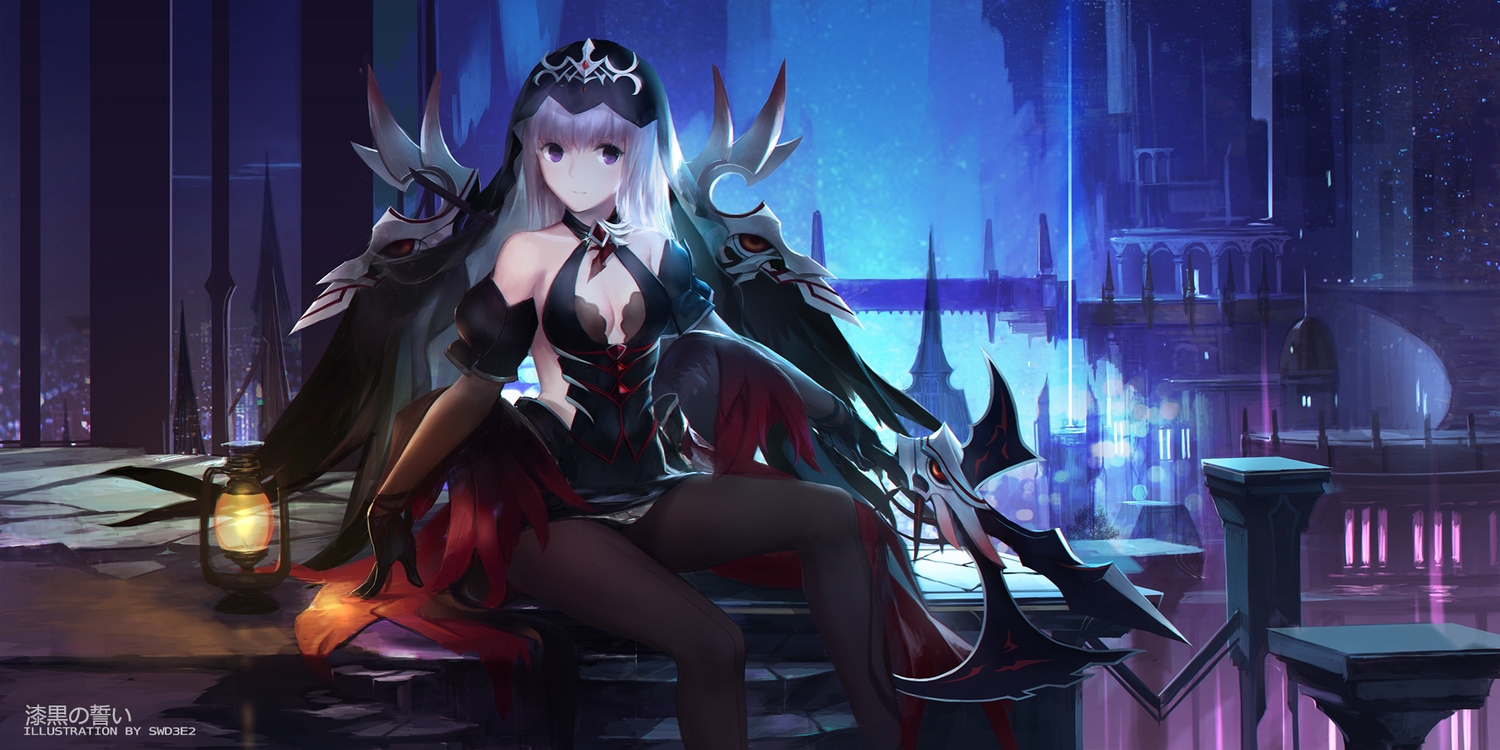aisha_(elsword), breasts, cleavage, elbow_gloves, elsword, gloves, headdress, pantyhose, purple_eyes, swd3e2, watermark, weapon