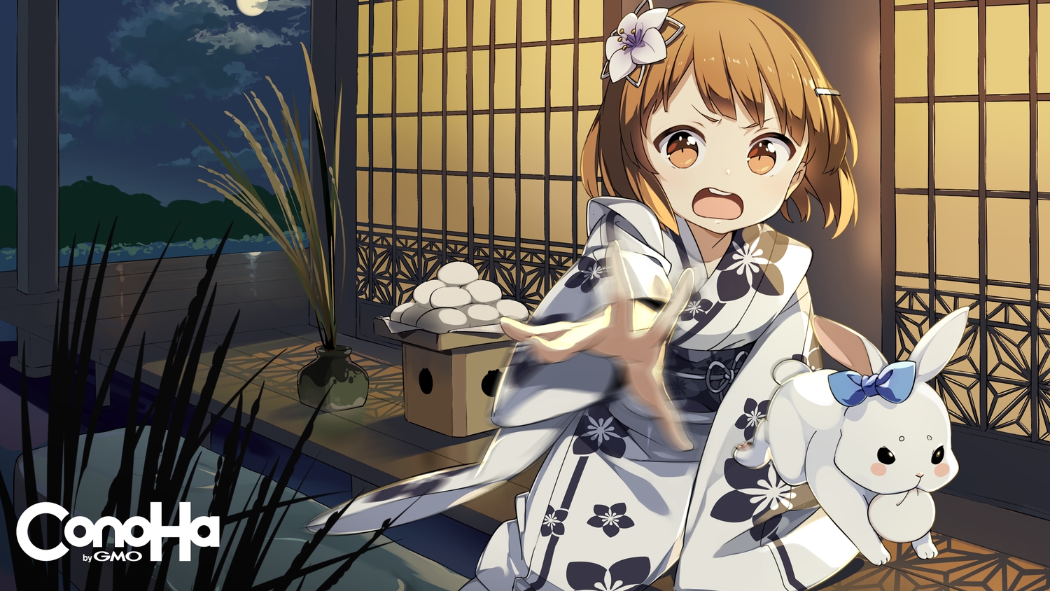 animal, brown_eyes, brown_hair, building, food, gmo, japanese_clothes, kimono, leaves, mikumo_conoha, moon, night, rabbit, short_hair, tagme_(artist)