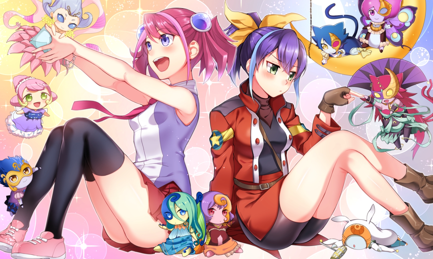 bike_shorts, blue_eyes, blush, boots, chibi, cut_(bu-kunn), gloves, green_eyes, group, hiiragi_yuzu, pink_hair, ponytail, purple_hair, serena_(yu-gi-oh_arc-v), shorts, skirt, thighhighs, tie, wristwear, yu-gi-oh, yu-gi-oh_arc-v