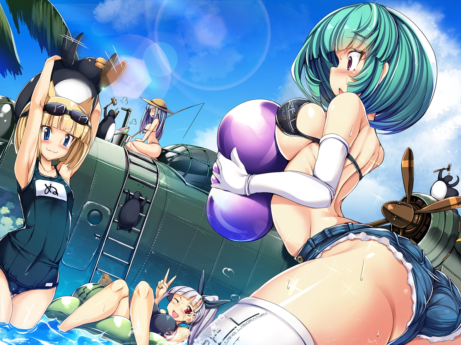 animal, aqua_hair, bikini_top, bird, blonde_hair, blue_eyes, blue_hair, blush, elbow_gloves, gloves, hat, long_hair, original, penguin, purple_hair, red_eyes, short_hair, shorts, swimsuit, thighhighs, torisan
