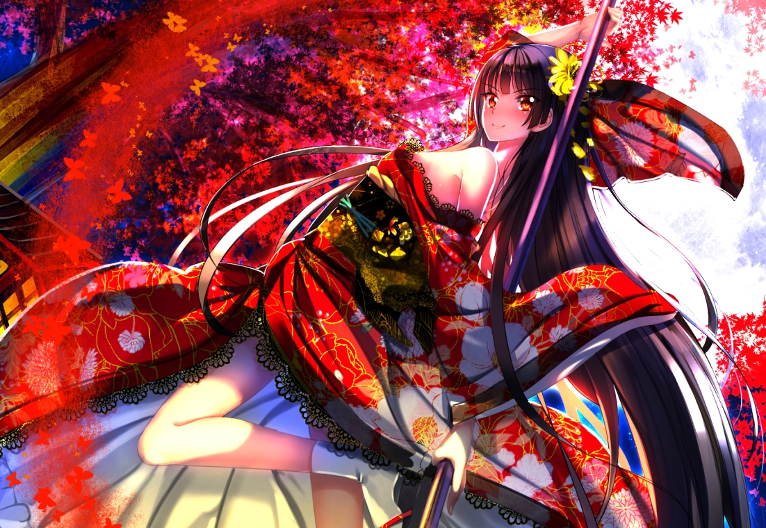 autumn, black_hair, butterfly, cropped, gate_-_jieitai_ka_no_chi_nite_kaku_tatakaeri, japanese_clothes, leaves, long_hair, orange_eyes, rory_mercury, socks, staff, swordsouls, tree, weapon
