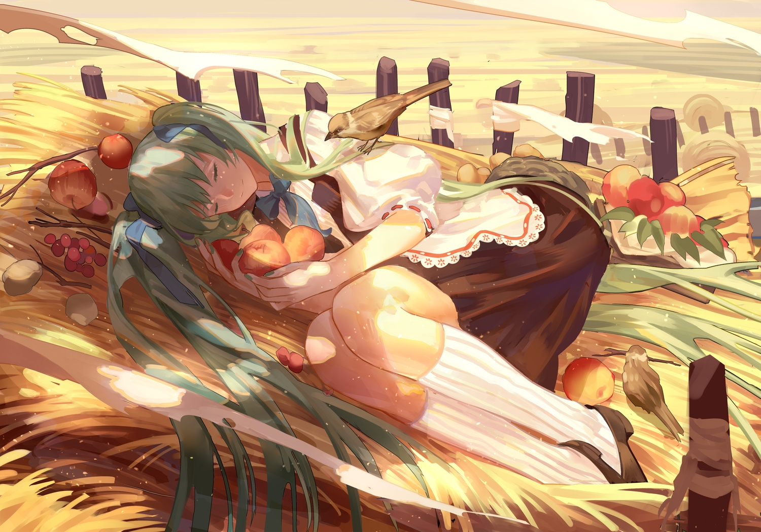animal, apple, bird, bow, food, fruit, hatsune_miku, sleeping