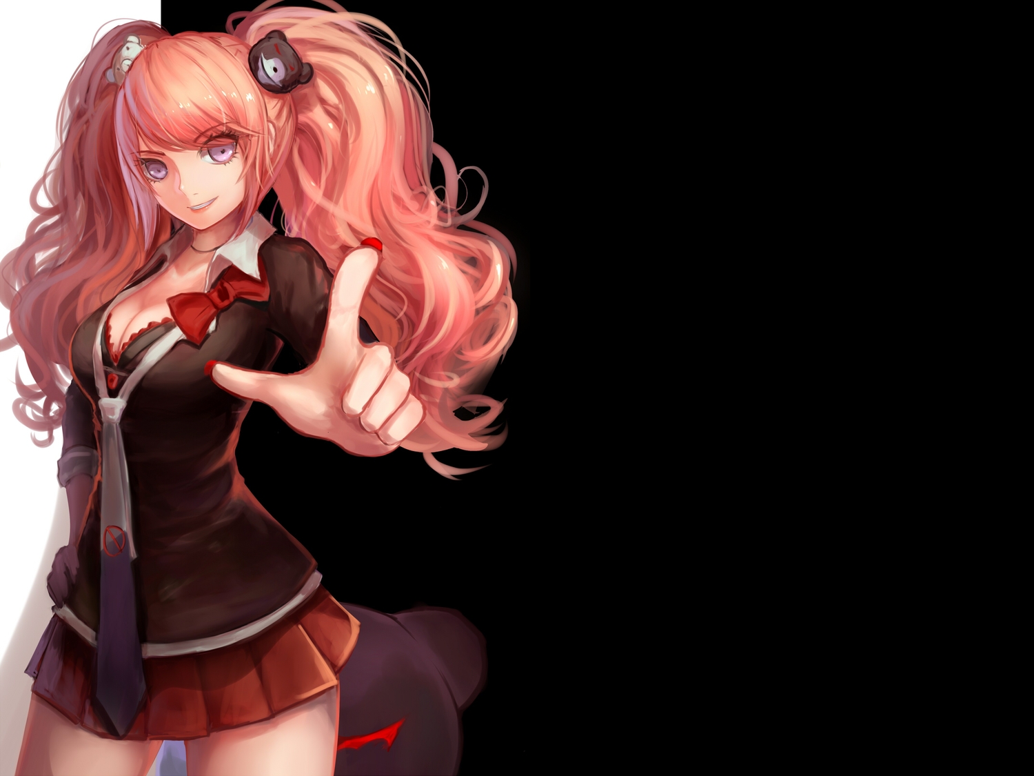breasts, cleavage, dangan-ronpa, enoshima_junko, gray_eyes, jurrig, pink_hair, skirt