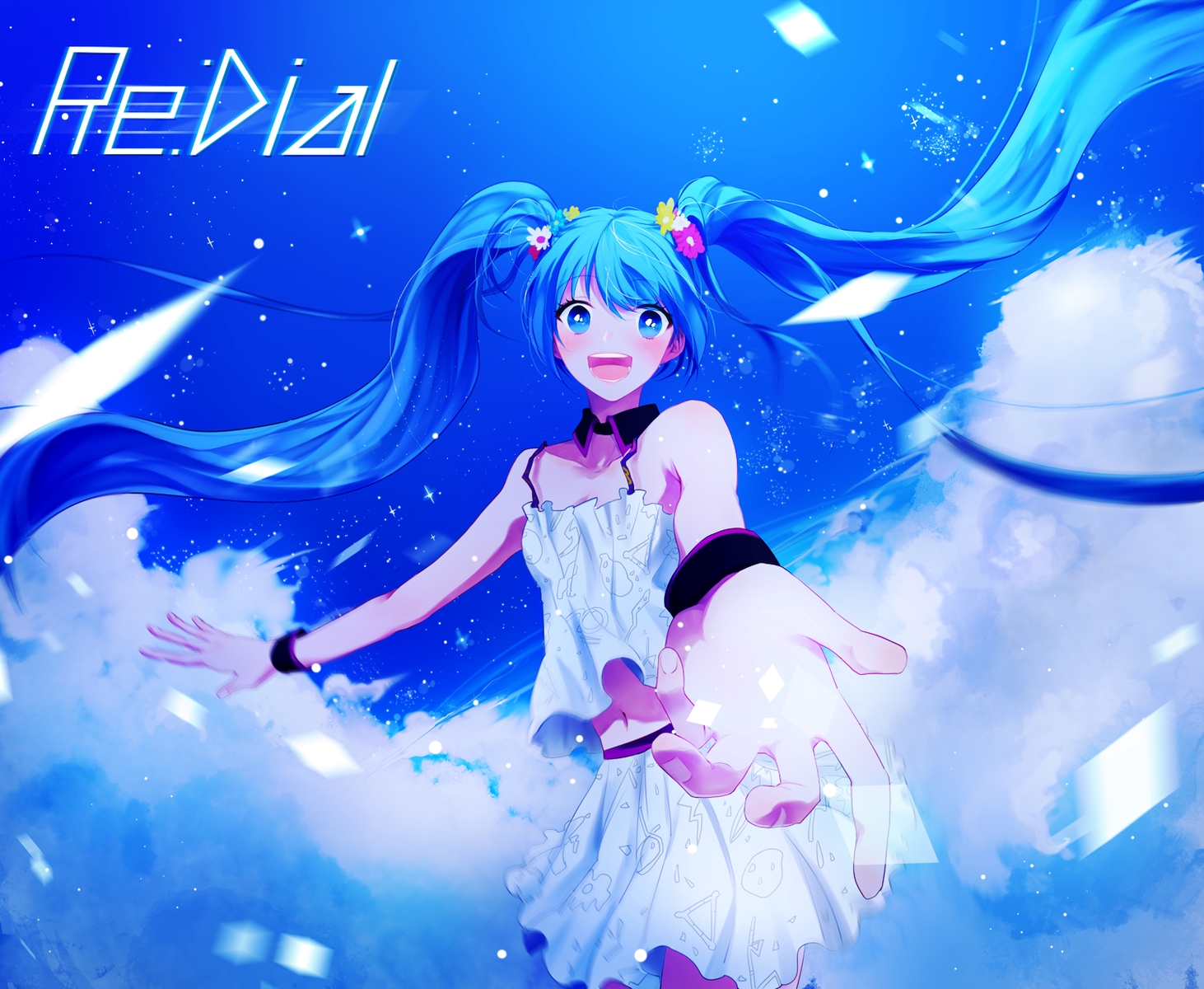 alsh_(epwlzhsy), blue_eyes, blue_hair, clouds, flowers, hatsune_miku, navel, redial_(vocaloid)