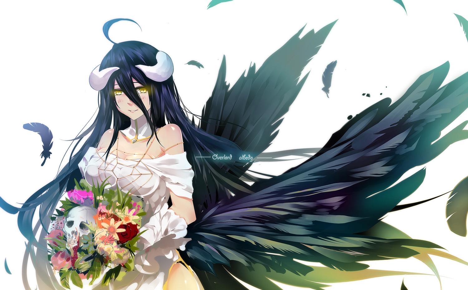 albedo, bba_biao, breasts, cleavage, collar, demon, elbow_gloves, feathers