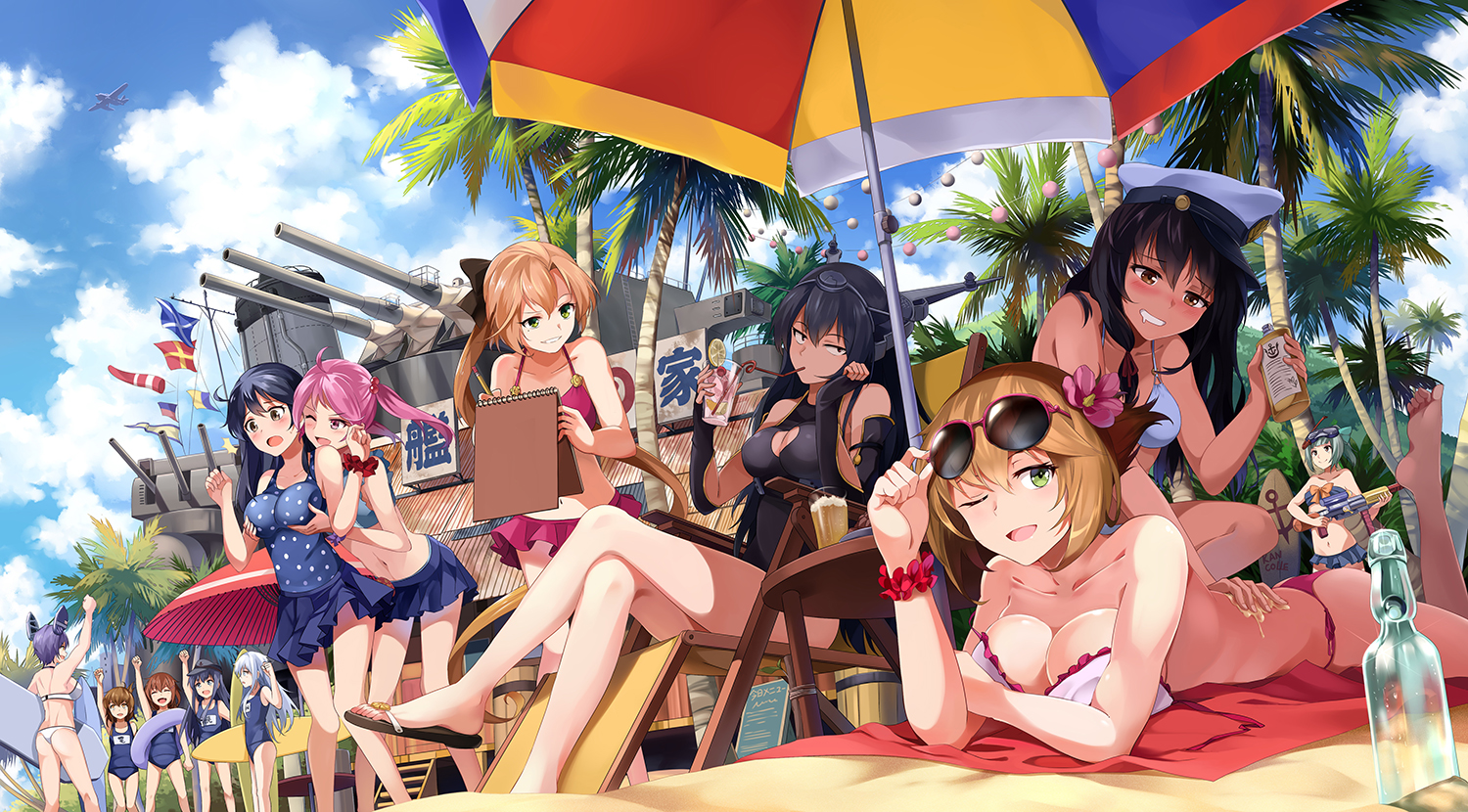admiral_(kancolle), aircraft, akatsuki_(kancolle), akigumo_(kancolle), anthropomorphism, barefoot, bikini, blush, breast_grab, breasts, cleavage, clouds, drink, group, hat, hibiki_(kancolle), ikazuchi_(kancolle), inazuma_(kancolle), kantai_collection, long_hair, mutsu_(kancolle), nagato_(kancolle), neko_(yanshoujie), sazanami_(kancolle), short_hair, sunglasses, swimsuit, tenryuu_(kancolle), tree, umbrella, ushio_(kancolle), wink, wristwear, yuubari_(kancolle)