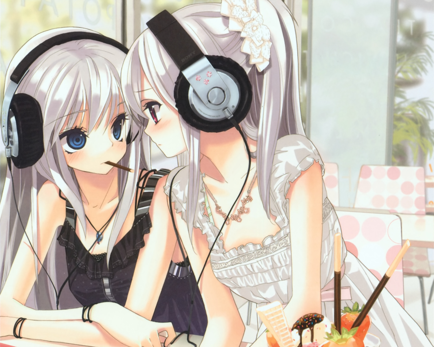 2girls, blue_eyes, blush, cropped, dress, food, fruit, headphones, ice_cream, long_hair, necklace, original, pocky, ponytail, red_eyes, scan, strawberry, summer_dress, tsukigami_runa, white_hair, wristwear