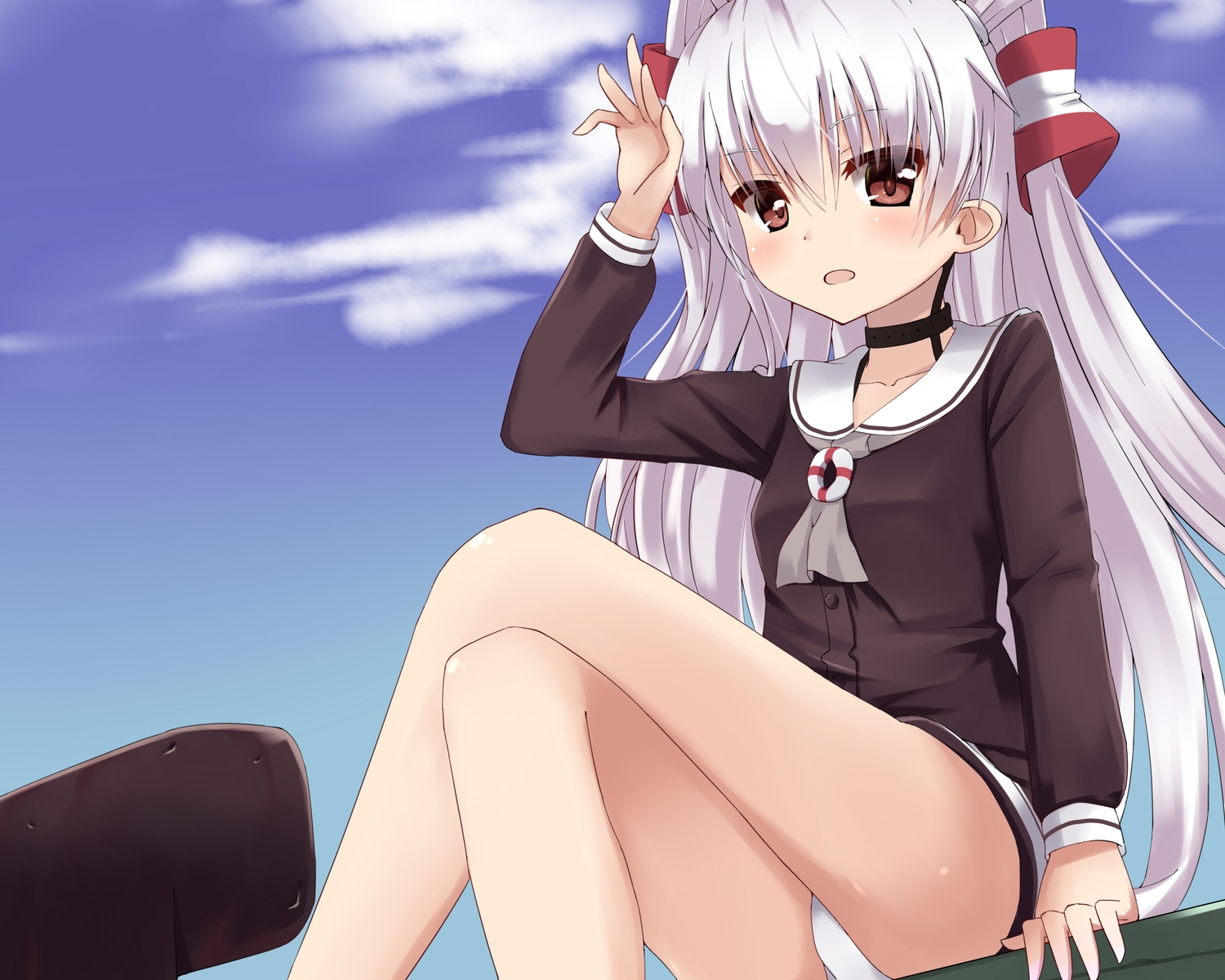 amatsukaze_(kancolle), anthropomorphism, ass, brown_eyes, choker, cropped, iwashi_(nisankatanso), kantai_collection, panties, school_uniform, underwear, white_hair