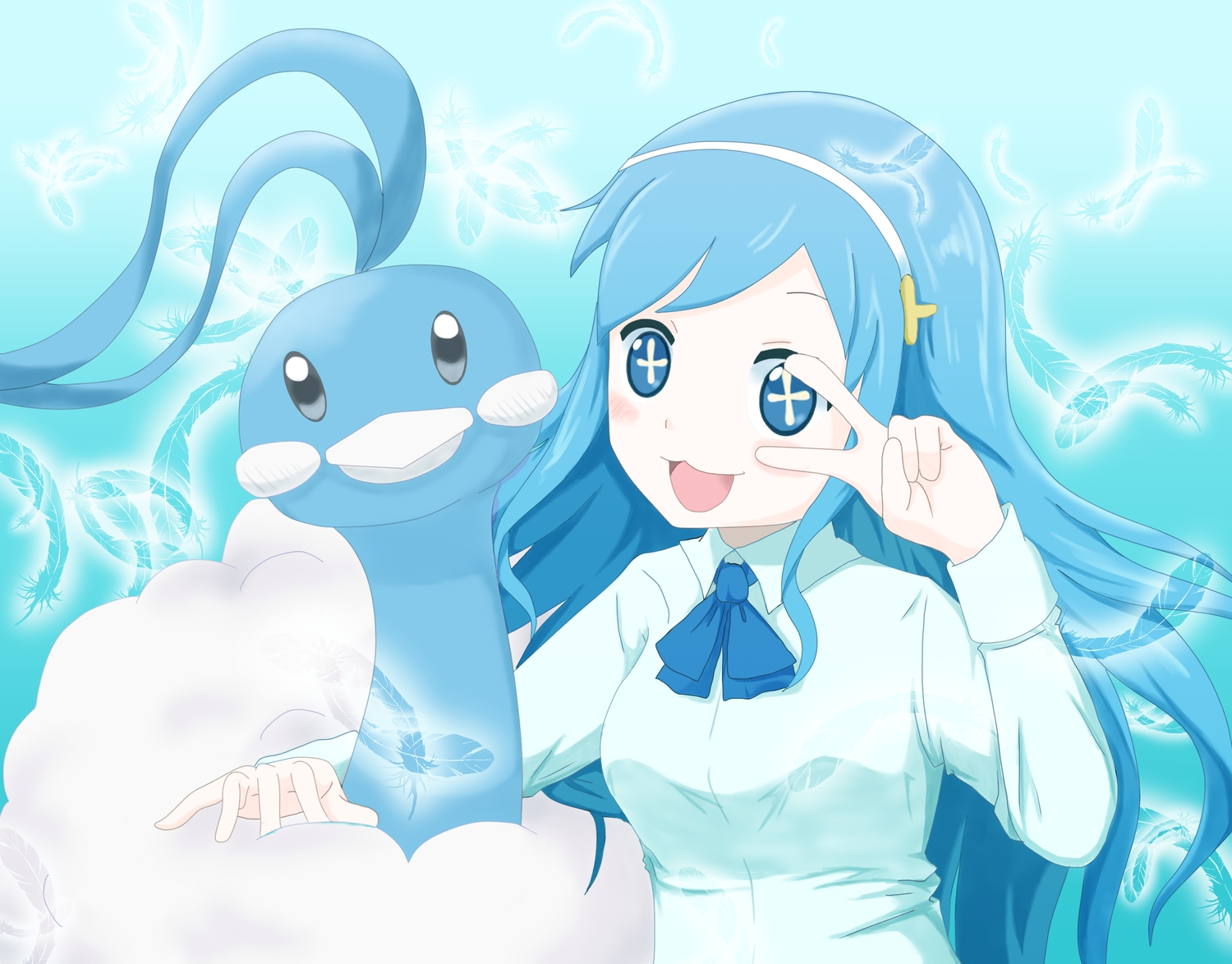altaria, blue_eyes, blue_hair, crossover, headband, himouto!_umaru-chan, pokemon, polychromatic, tachibana_sylphynford, tagme_(artist), wings