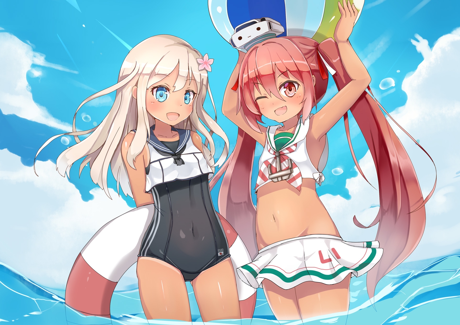 2girls, anthropomorphism, aqua_eyes, blonde_hair, clouds, dark_skin, hakokon, kantai_collection
