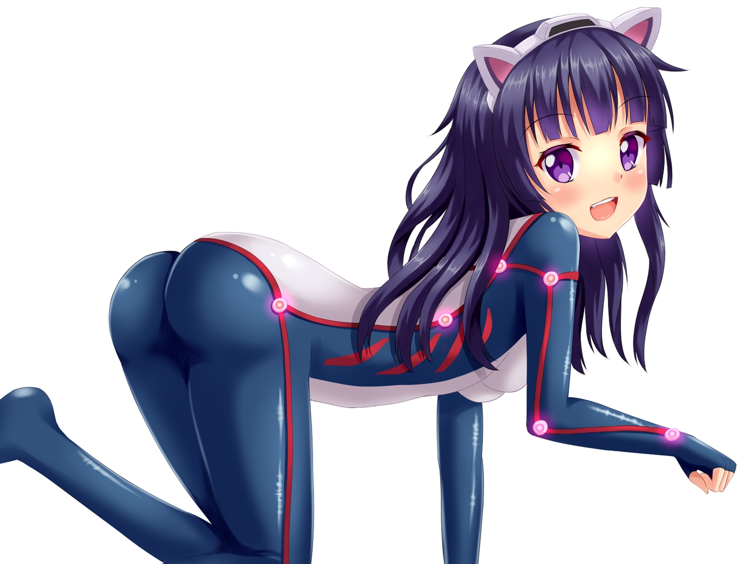animal_ears, ass, blue_hair, bodysuit, catgirl, fast-runner-2024, guilty_crown, purple_eyes, skintight, tsugumi, white