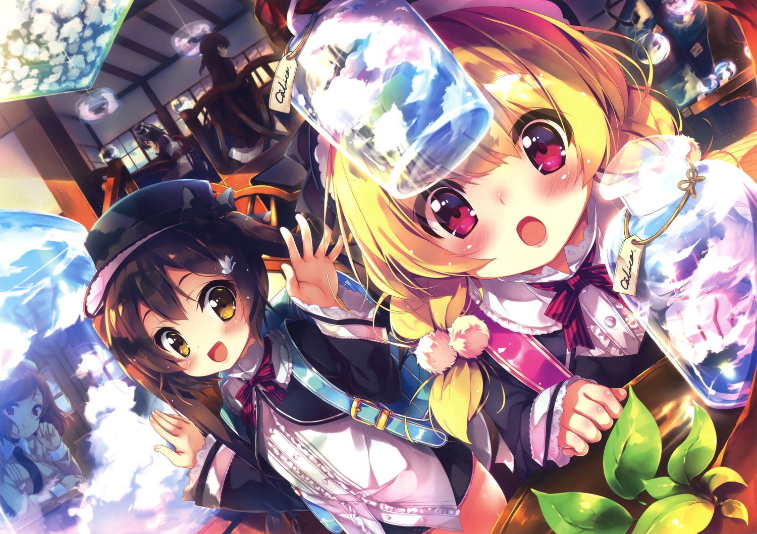 black_hair, blonde_hair, group, hat, mayuzaki_yuu, original, red_eyes, scan, yellow_eyes
