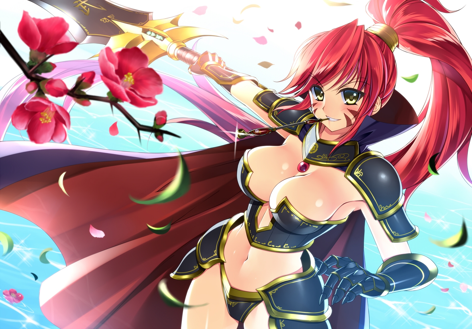 armor, breasts, bucchake_(asami), cape, cleavage, flowers, gloves, leaves, long_hair, navel, nobunaga_oda, petals, ponytail, red_hair, sengoku_otome_momoiro_paradox, sword, tattoo, weapon