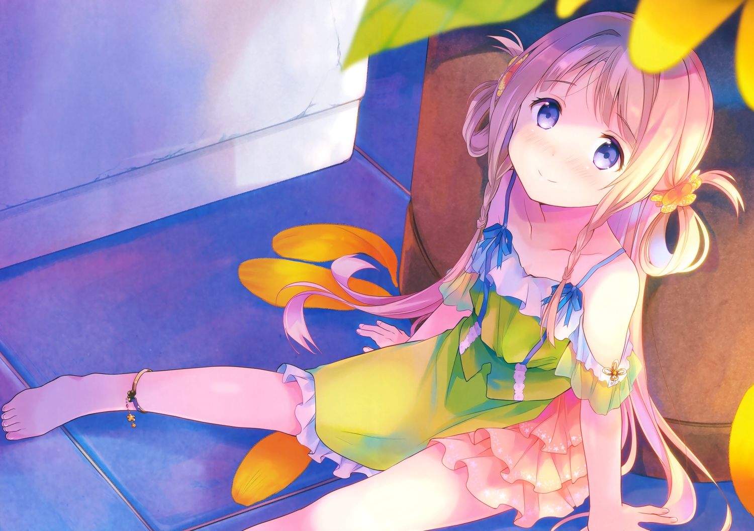 barefoot, blonde_hair, blue_eyes, blush, dress, long_hair, ousaka_nozomi, scan, tagme