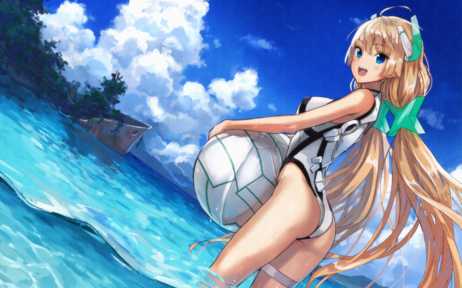 angela_balzac, ball, blonde_hair, blue_eyes, boat, bodysuit, expelled_from_paradise, garter
