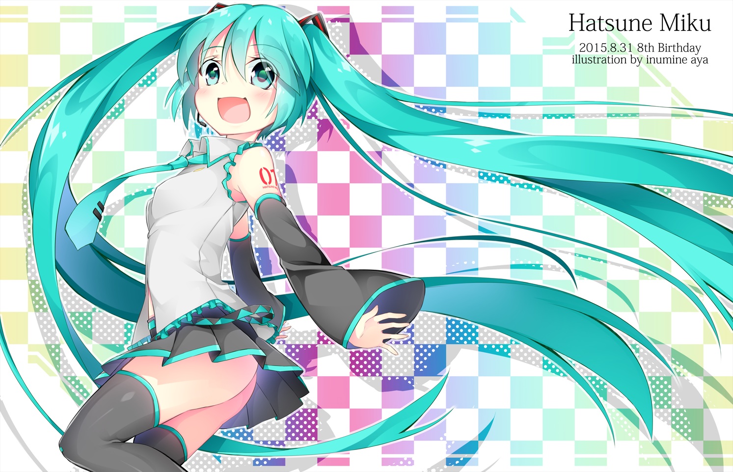 aqua_eyes, aqua_hair, hatsune_miku, inumine_aya, ribbons, skirt, thighhighs, twintails