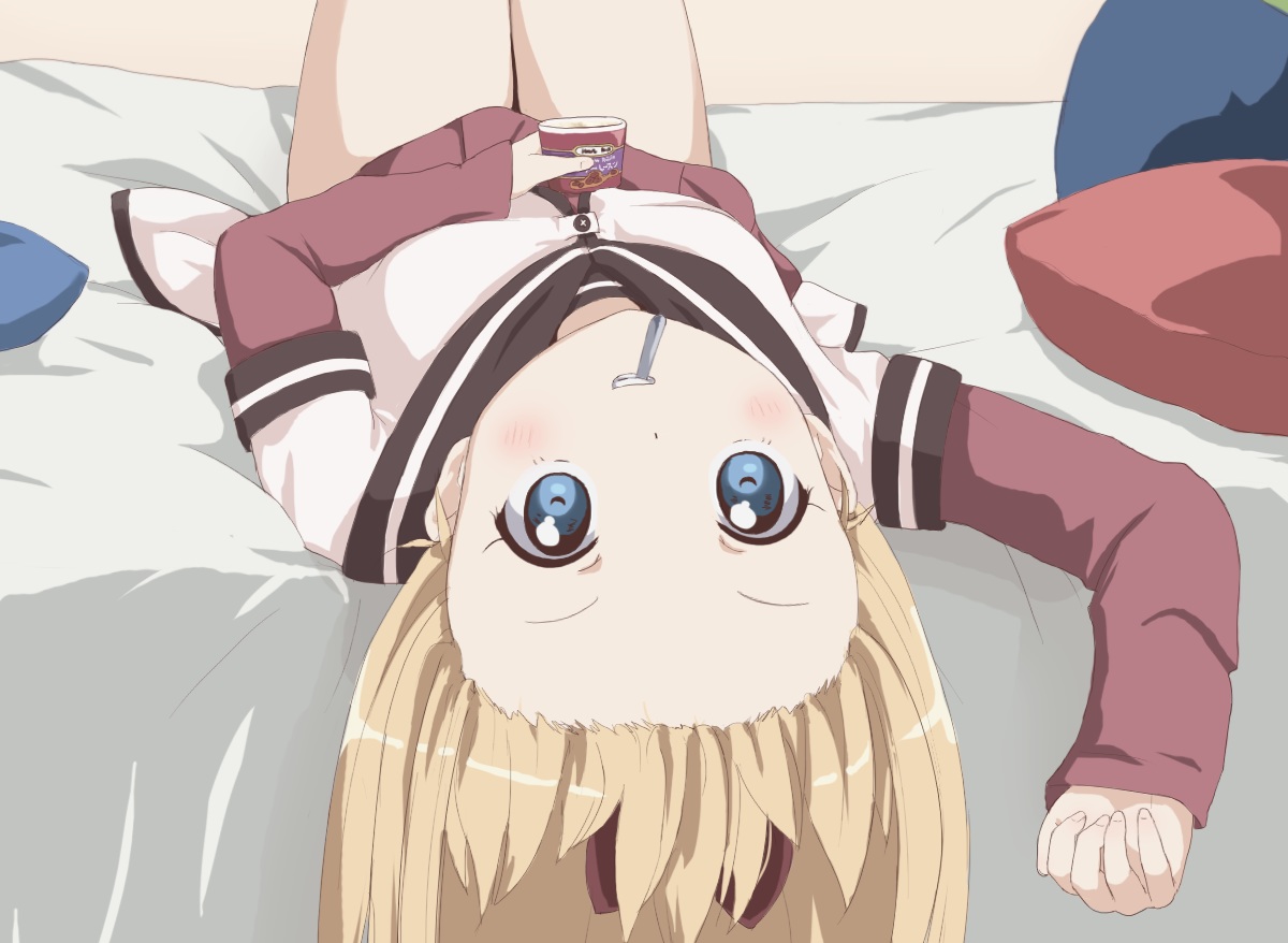 bed, blonde_hair, blue_eyes, cropped, drink, novcel, school_uniform, toshinou_kyouko