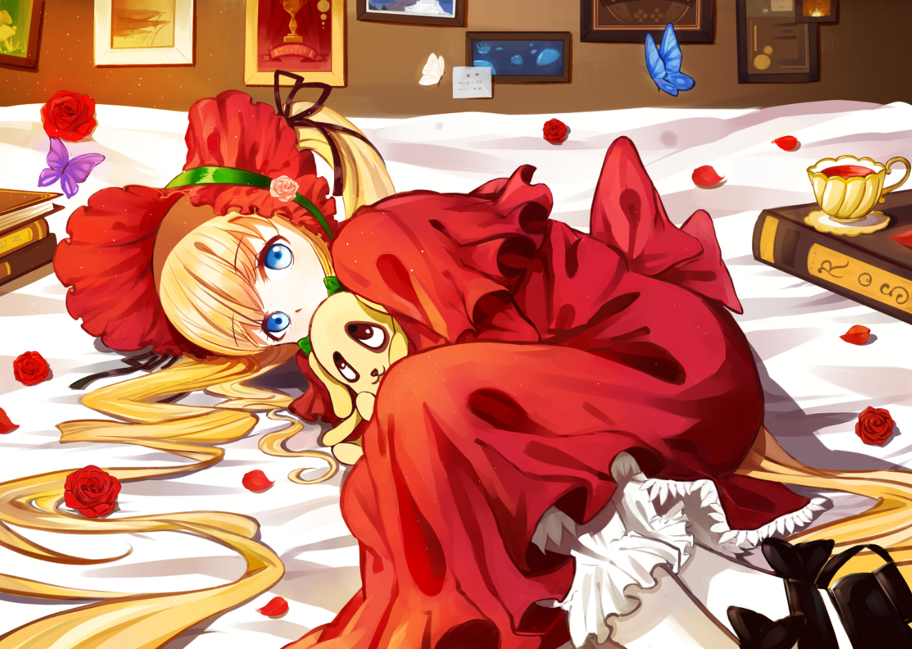 bed, blonde_hair, blue_eyes, book, butterfly, dress, drink, flowers, hat, kunkun, long_hair, ponytail, rose, rozen_maiden, samizuban, shinku