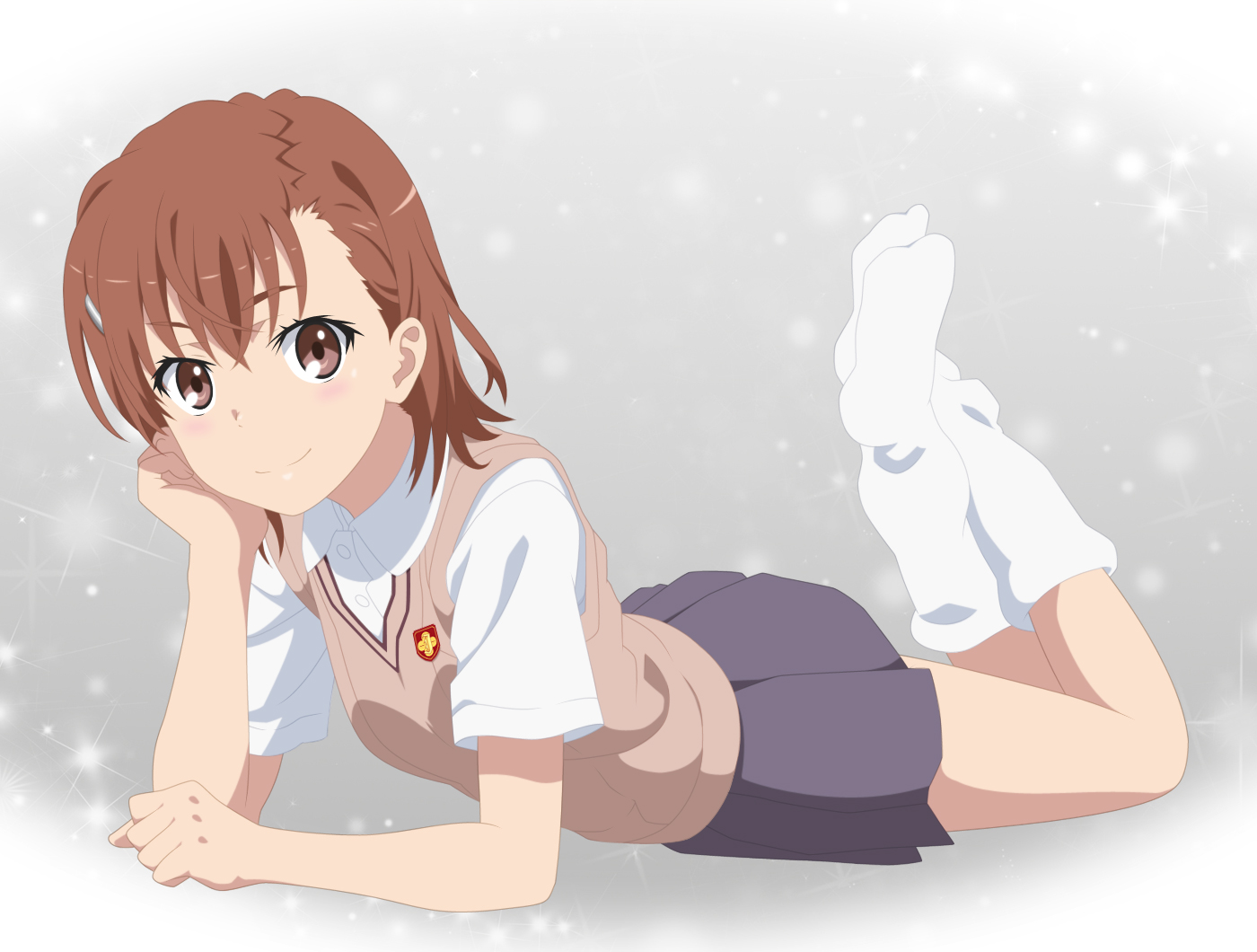 blush, brown_eyes, brown_hair, misaka_mikoto, school_uniform, skirt, smile_(rz), socks, to_aru_kagaku_no_railgun, to_aru_majutsu_no_index