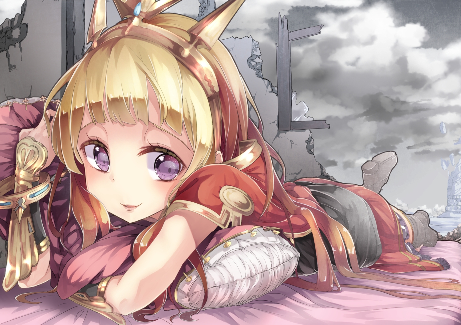 armor, blonde_hair, boots, cagliostro_(granblue_fantasy), clouds, granblue_fantasy, long_hair, purple_eyes