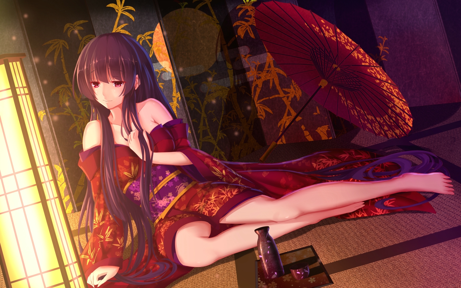 bakanoe, barefoot, black_hair, drink, houraisan_kaguya, japanese_clothes, long_hair, red_eyes, sake, touhou, umbrella