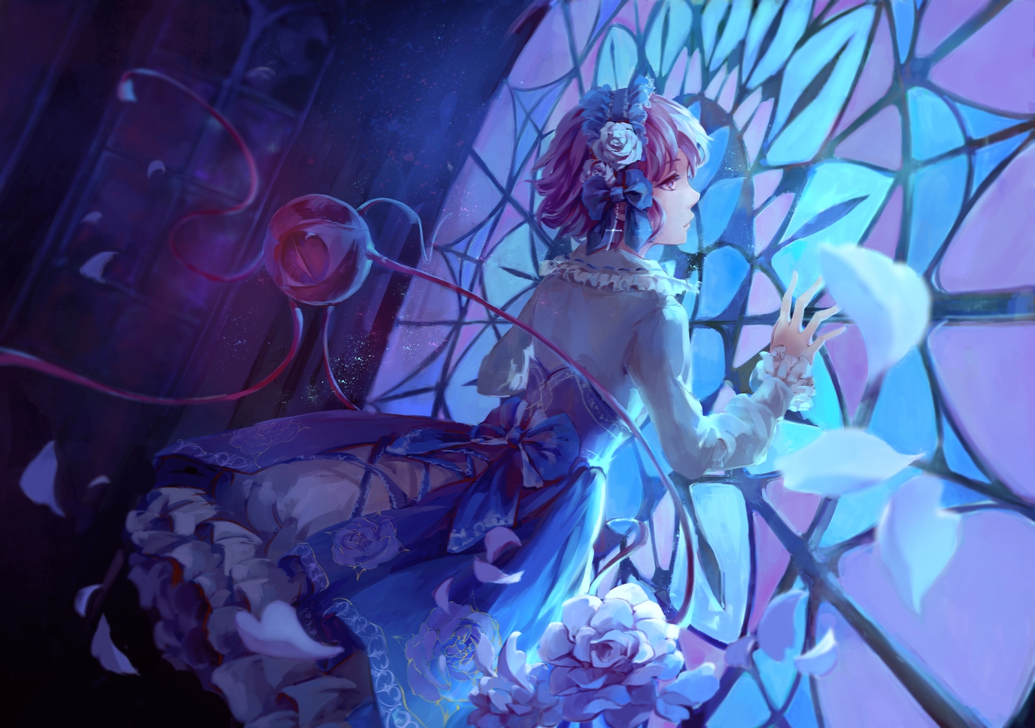 bow, dress, flowers, headband, jlien-, komeiji_satori, petals, purple_eyes, purple_hair, short_hair, touhou