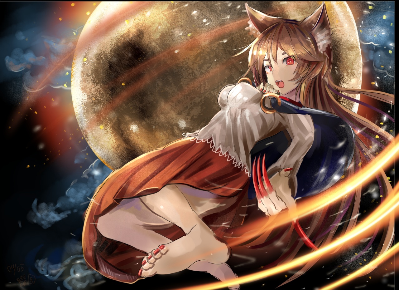 animal_ears, barefoot, brown_hair, cape, houdukixx, imaizumi_kagerou, long_hair, moon, night, red_eyes, signed, skirt, touhou, wolfgirl