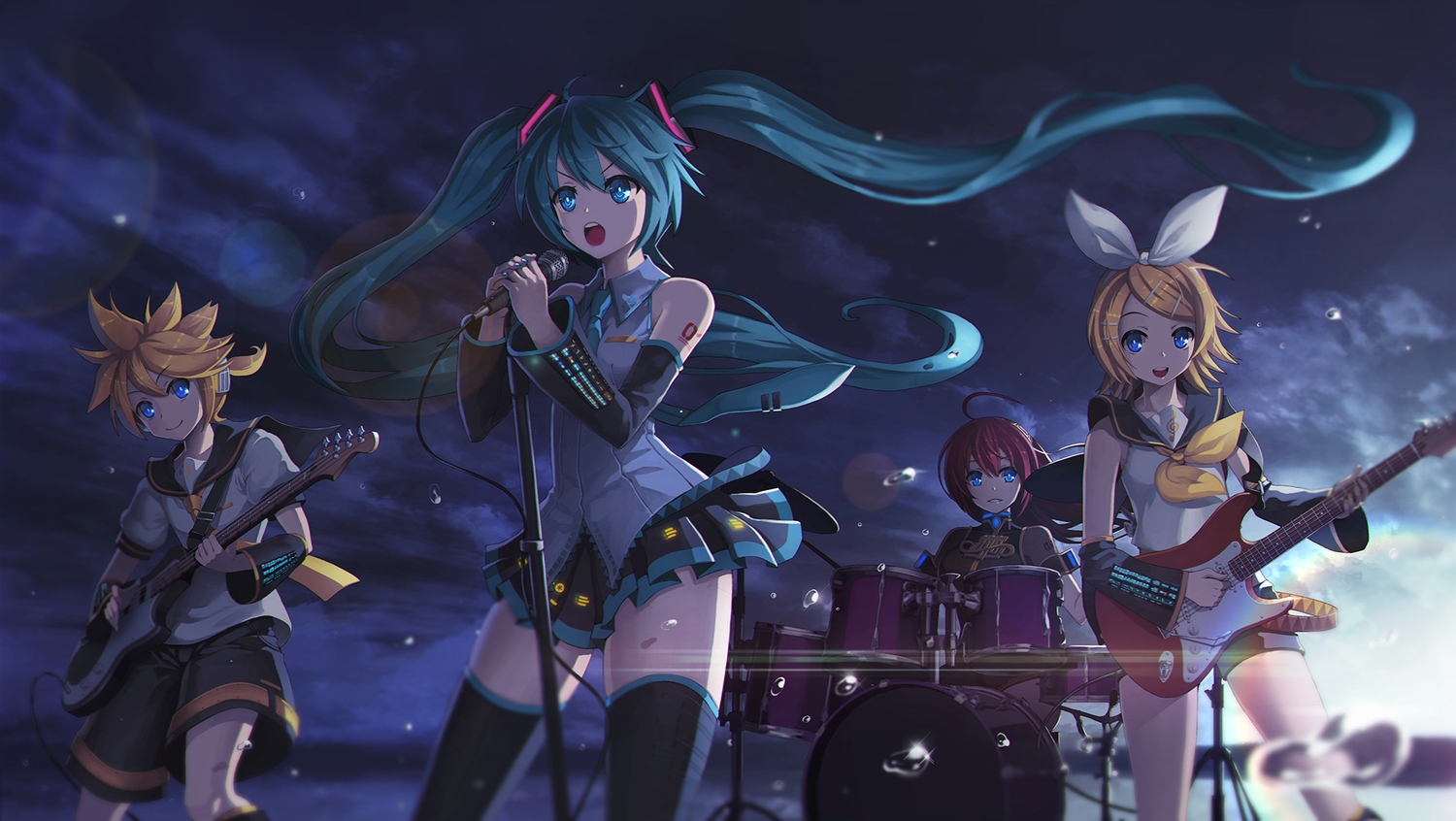 aqua_eyes, aqua_hair, blonde_hair, dark, defiaz_(infinity), drums, group, guitar, hatsune_miku, headband, instrument, kagamine_len, kagamine_rin, long_hair, male, megurine_luka, microphone, red_hair, school_uniform, short_hair, shorts, sunset, thighhighs, tie, twintails, vocaloid